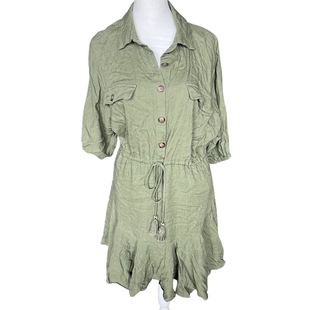 Grace + Karma Sage Green Linen Blend Button Front Ruffle Mini Dress Medium